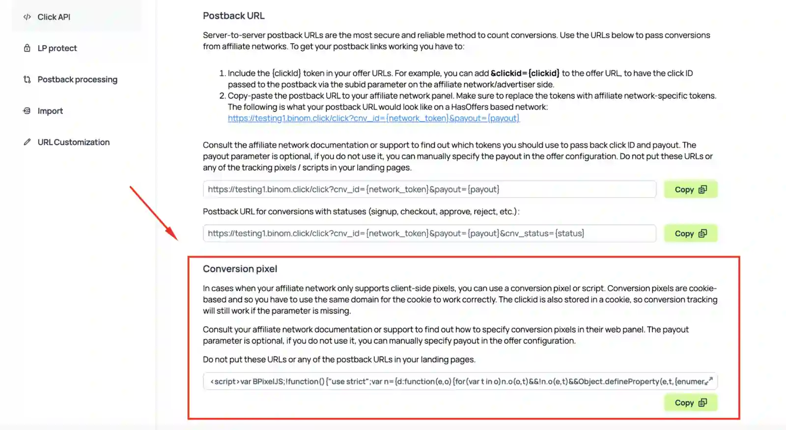 Add postback in Binom