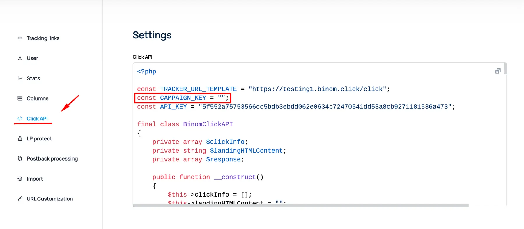 Binom Click API tracking