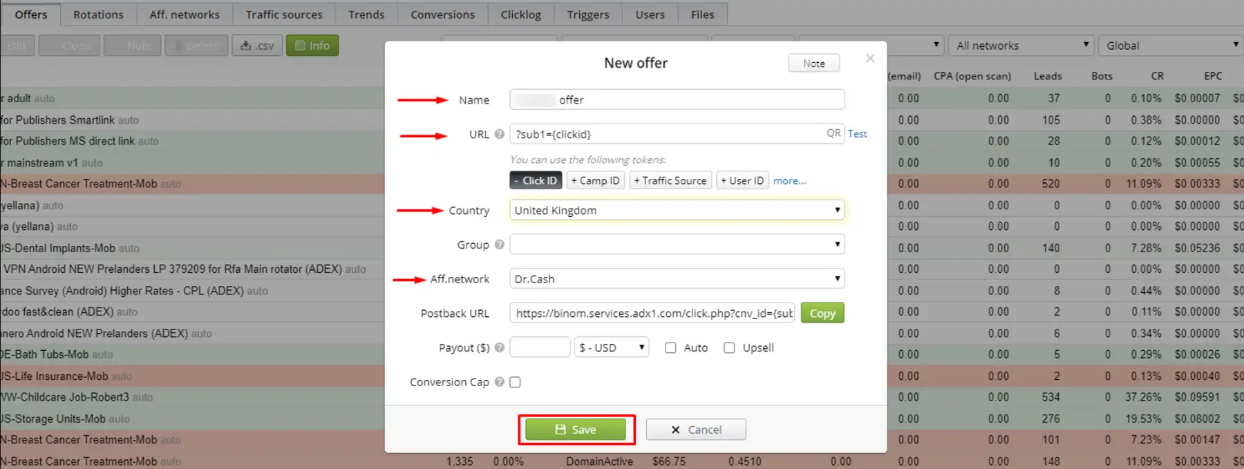 Building an Offer with Postback Click ID in Binom