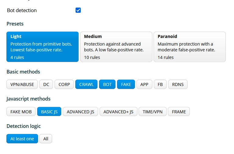 Choose Preset in Binom Protect