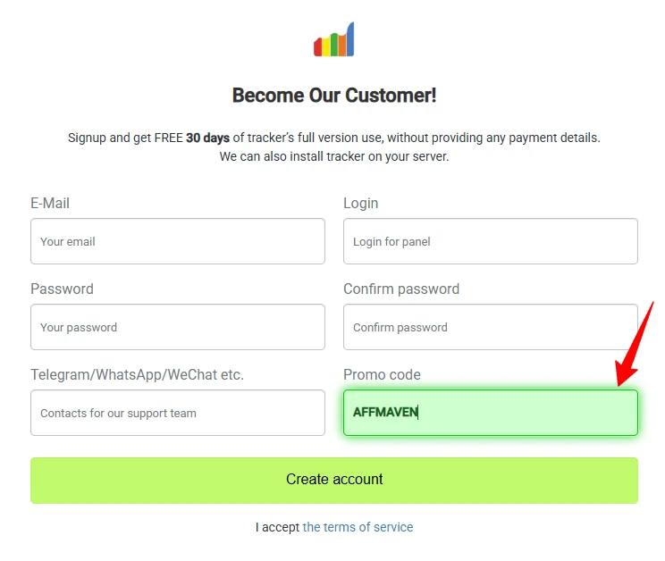 Add AFFMAVEN in Binom promo code